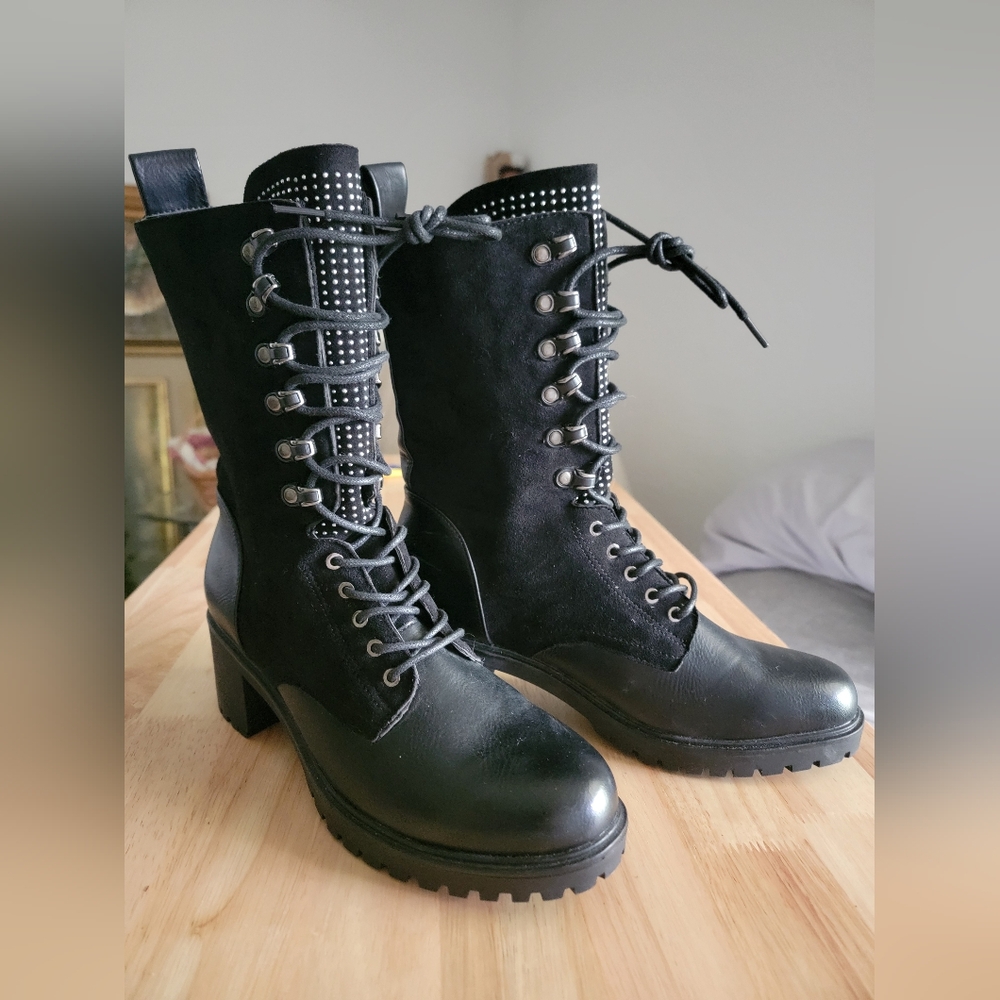 Olivia Miller Faux Leather Black Studded Lace-up Combat Boot
